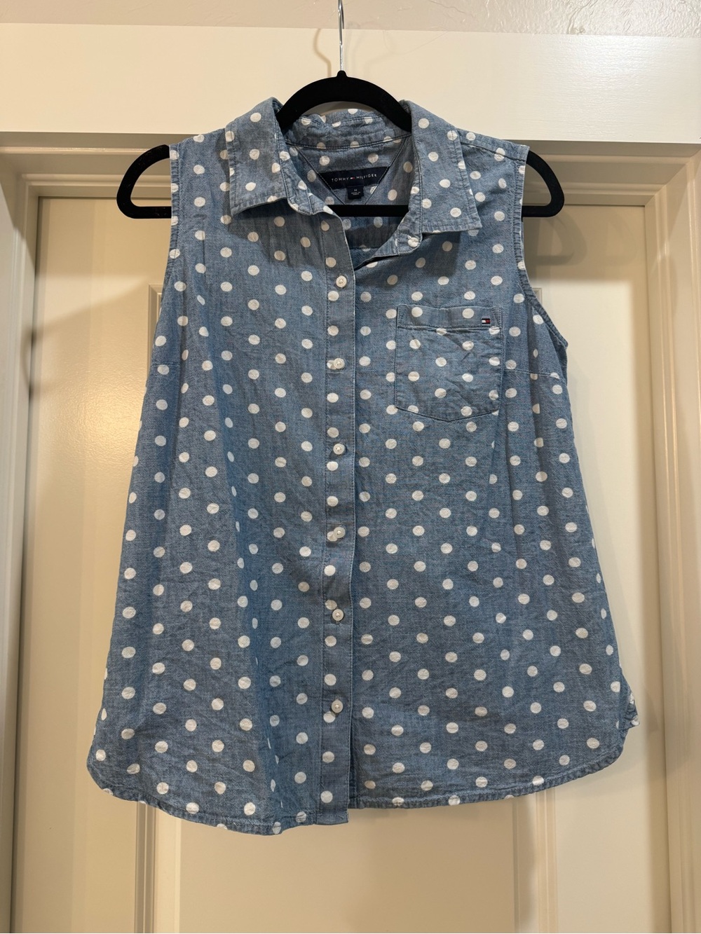 Sleeveless Polka Dot Button-Down Top - White Dots on Denim